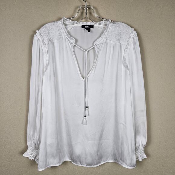 PAIGE Kaylynn Smocked Blouse Tassels City Chic Matte Satin Boho White Womens M - Picture 6 of 16